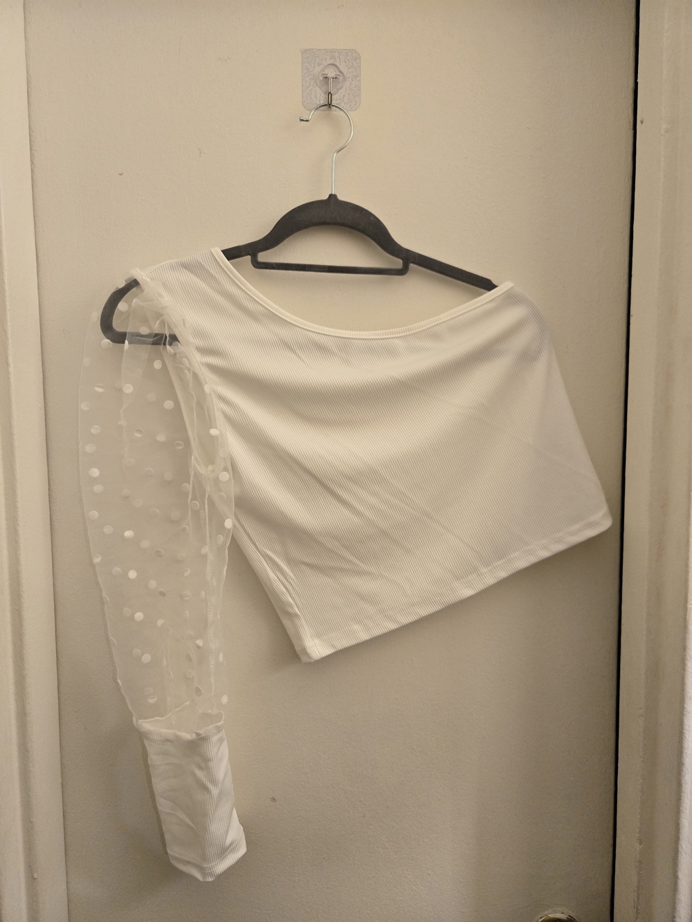 SHEIN White One-Shoulder Top with Sheer Polka-Dot Sleeve